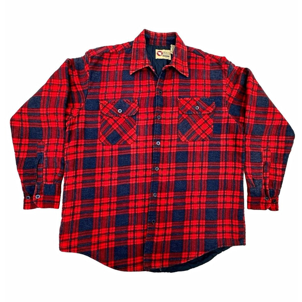 Vtg Sports Afield Men's Red Navy Plaid Flannel Quilted Lined Jacket w/ Pockets L